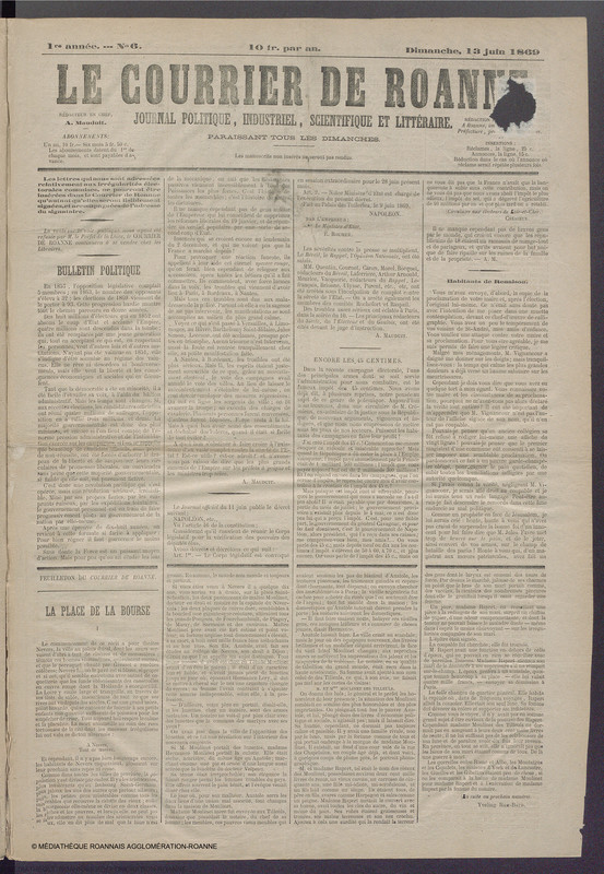 Courrier de Roanne du 13 juin 1869