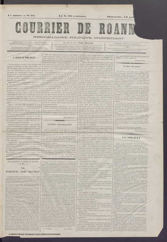 Courrier de Roanne du 16 janvier 1870