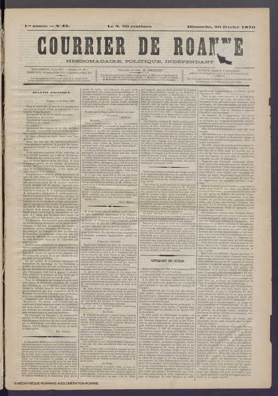 Courrier de Roanne du 20 février 1870