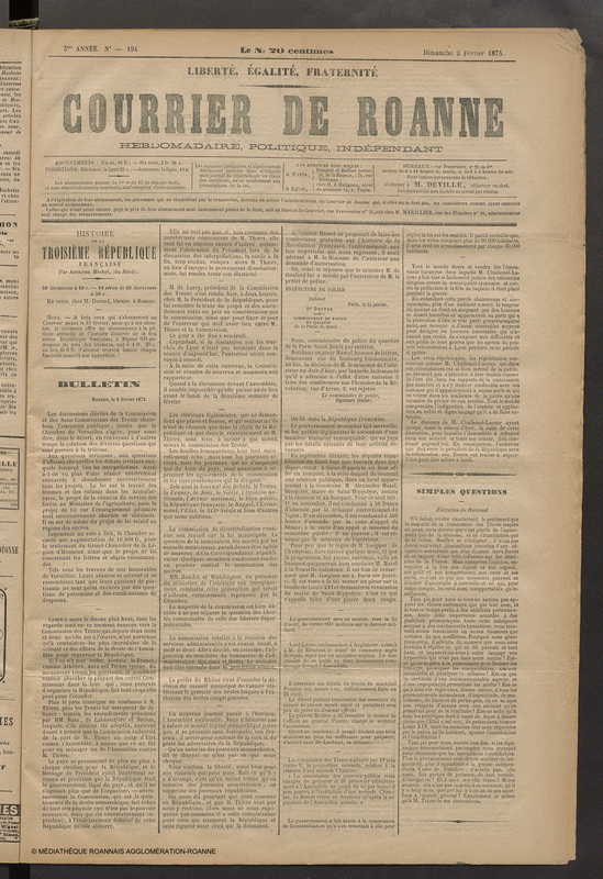 Courrier de Roanne du 2 février 1873