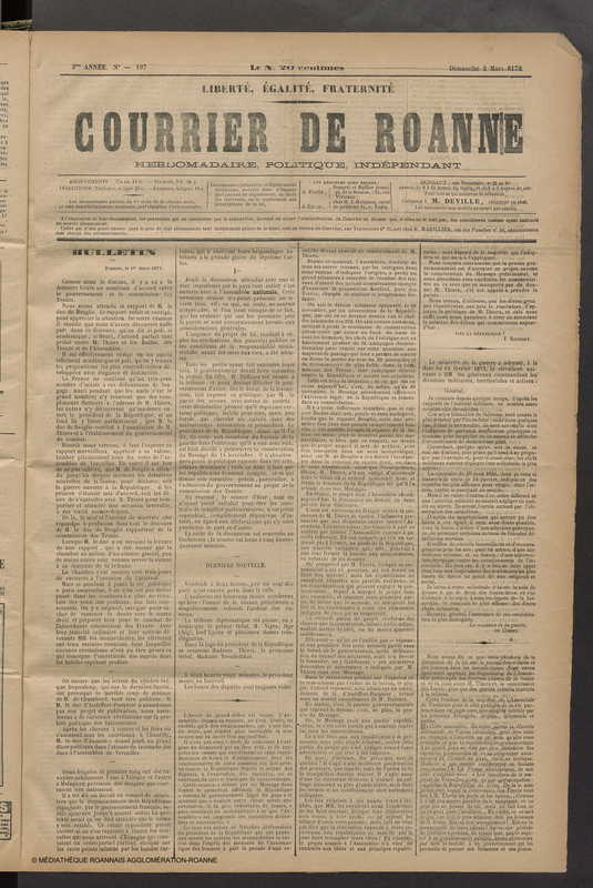 Courrier de Roanne du 2 mars 8172 [i.e. 1873]
