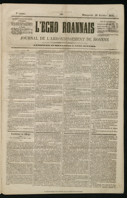 L'Écho Roannais du 20 février 1859