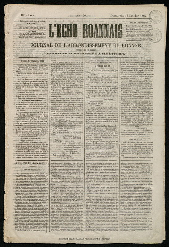 L'Écho Roannais du 12 janvier 1862