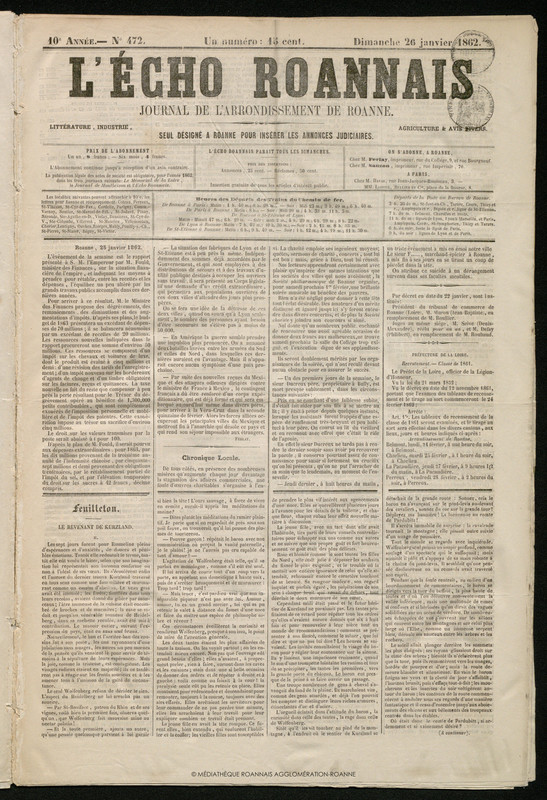 L'Écho Roannais du 26 janvier 1862
