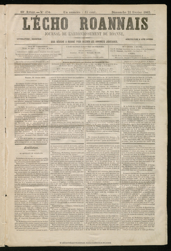 L'Écho Roannais du 23 février 1862