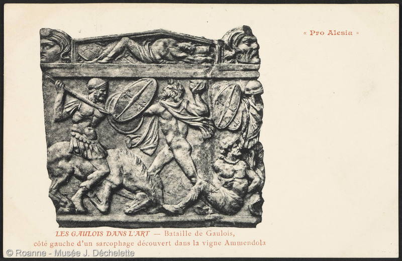 Pro Alesia - Les Gaulois dans l'Art - Bataille de Gaulois, côté gauche d'un sarcophage découvert dans la vigne Ammendola