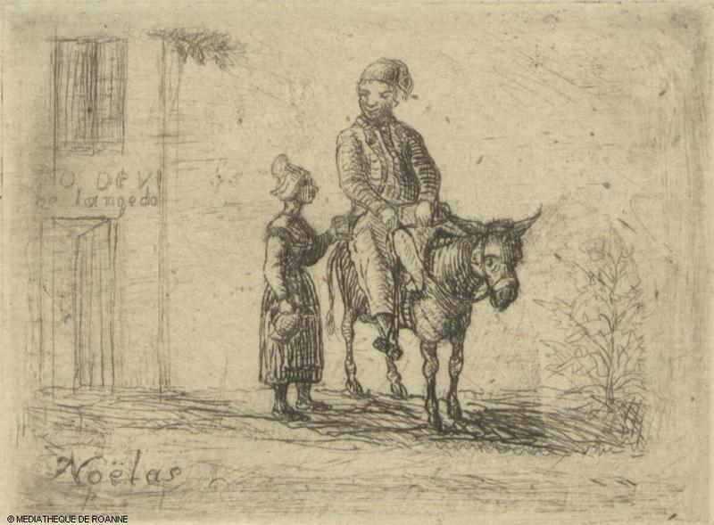 Homme monté sur un âne avec une femme se tenant debout à côté
