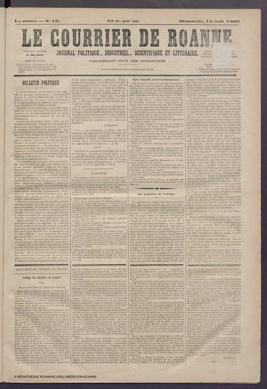Courrier de Roanne du 15 août 1869