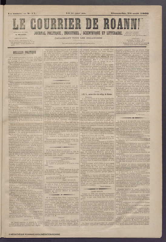 Courrier de Roanne du 29 août 1869