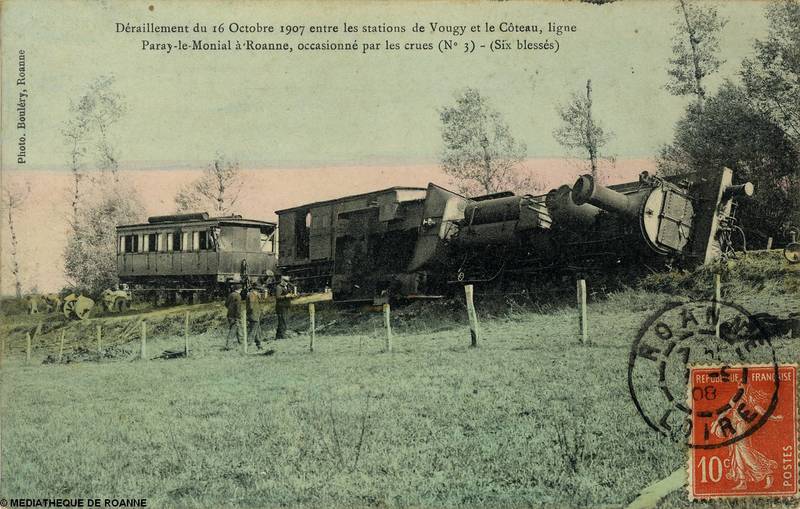 Déraillement du 16 octobre 1907 entre les stations de Vougy et Le Coteau, ligne Paray-le-Monial à Roanne, occasionné par les crues (n° 3) - (six blessés)