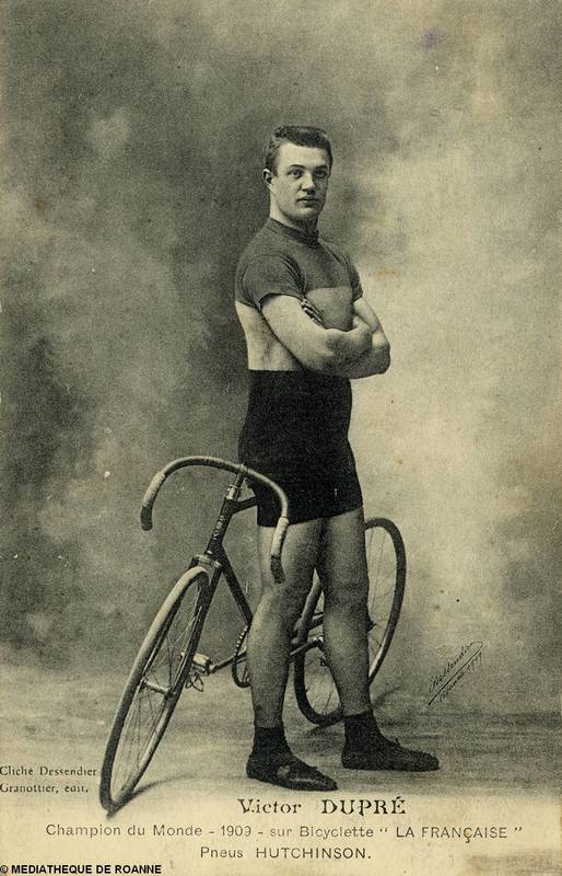 Victor Dupré - Champion du monde - 1909 - sur bicyclette "La Française" - Pneus Hutchinson