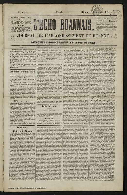 L'Écho Roannais du 15 janvier 1854