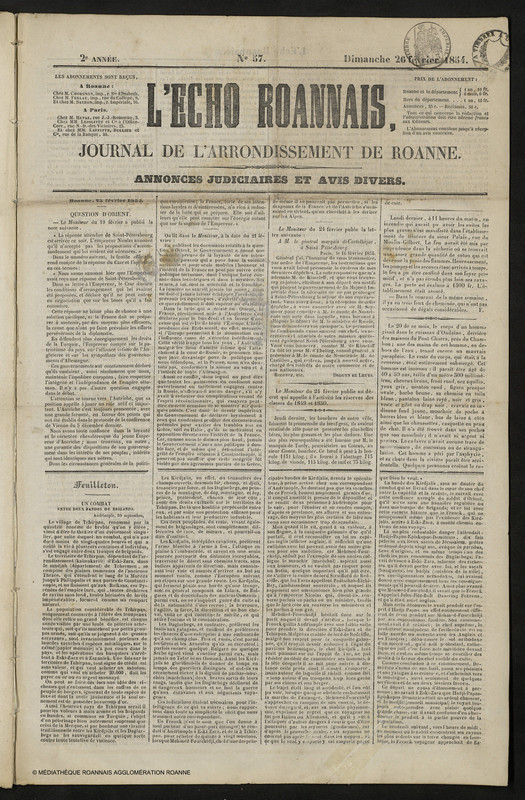 L'Écho Roannais du 26 février 1854