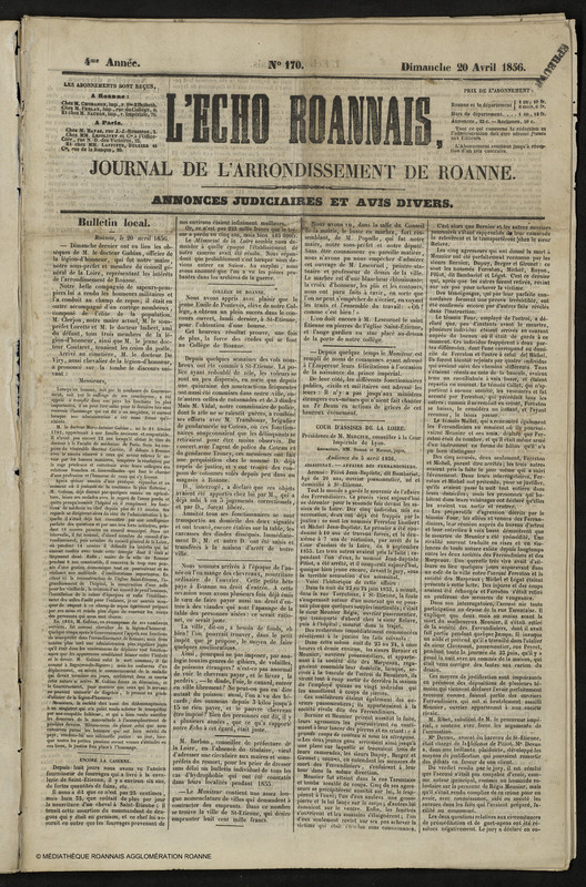 L'Écho Roannais du 20 avril 1856