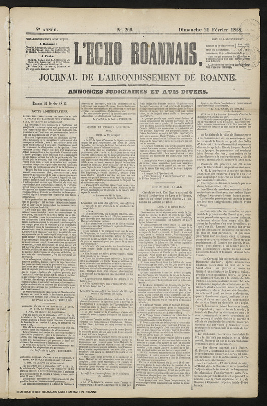 L'Écho Roannais du 21 février 1858