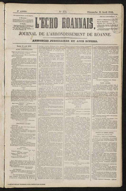 L'Écho Roannais du 11 avril 1858
