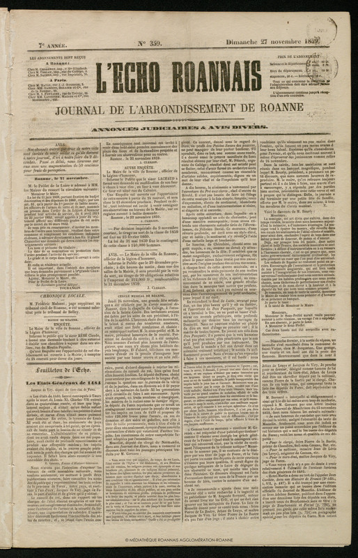 L'Écho Roannais du 27 novembre 1859