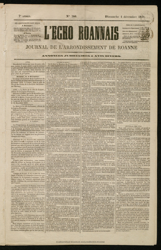 L'Écho Roannais du 04 décembre 1859