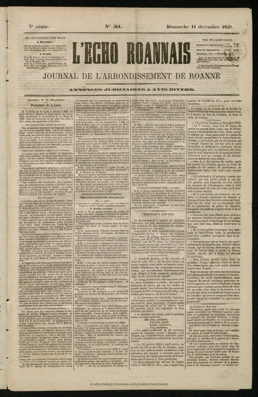 L'Écho Roannais du 11 décembre 1859