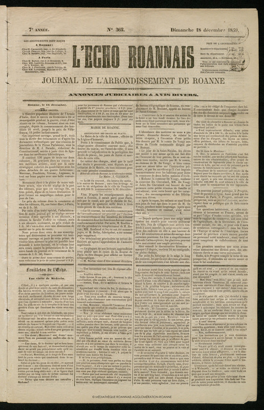 L'Écho Roannais du 18 décembre 1859