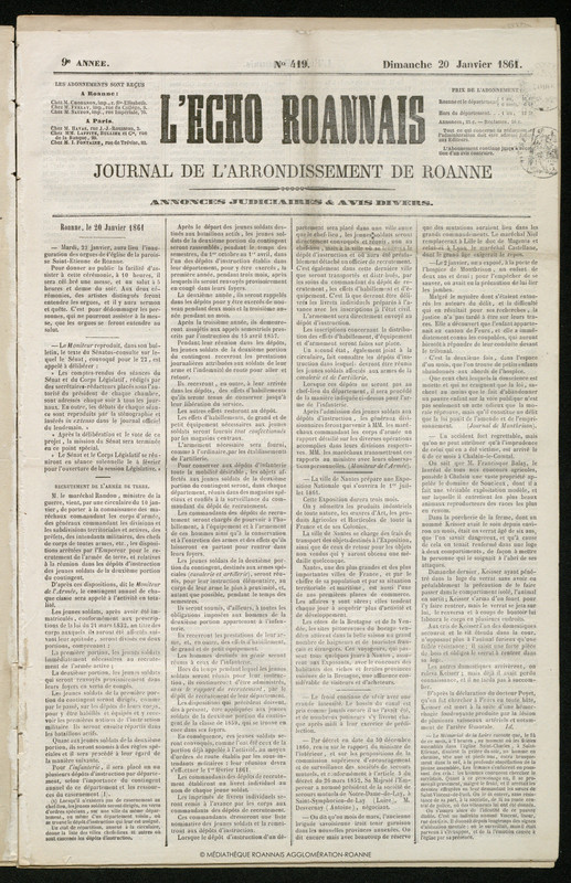 L'Écho Roannais du 20 janvier 1861