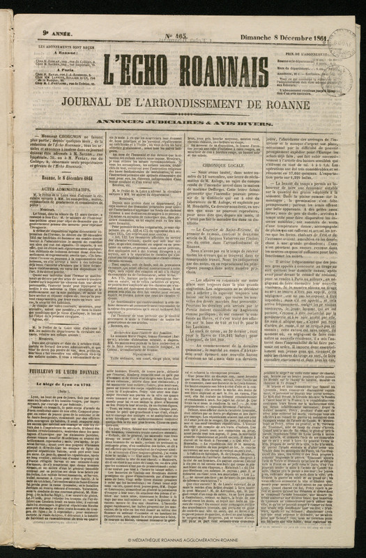 L'Écho Roannais du 08 décembre 1861
