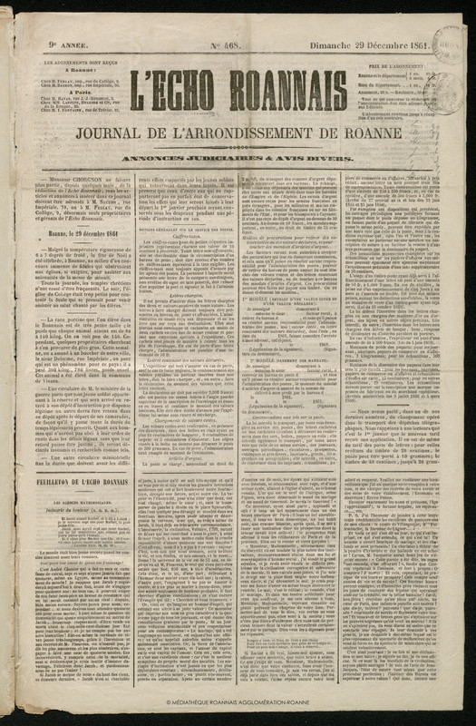 L'Écho Roannais du 29 décembre 1861