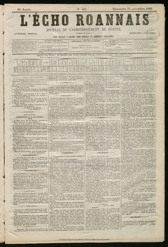 L'Écho Roannais du 23 novembre 1862