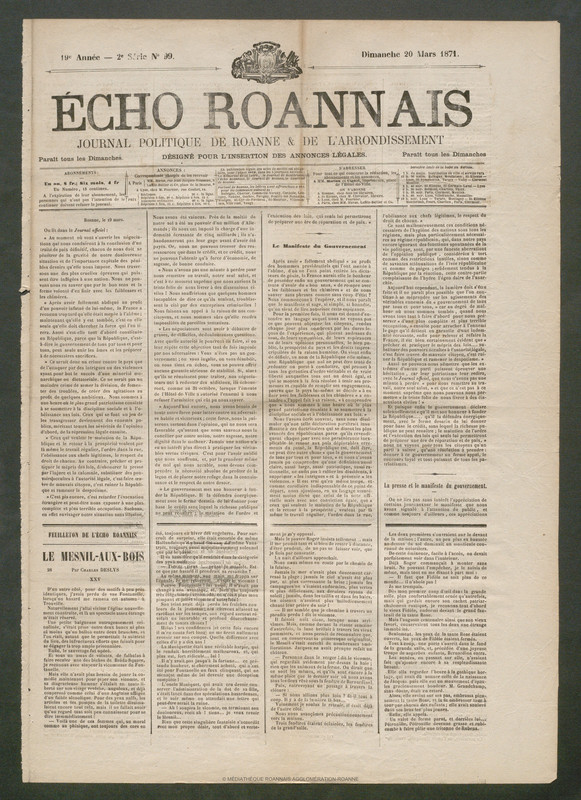 L'Écho Roannais du 20 mars 1871 [i.e. 19 mars 1871]
