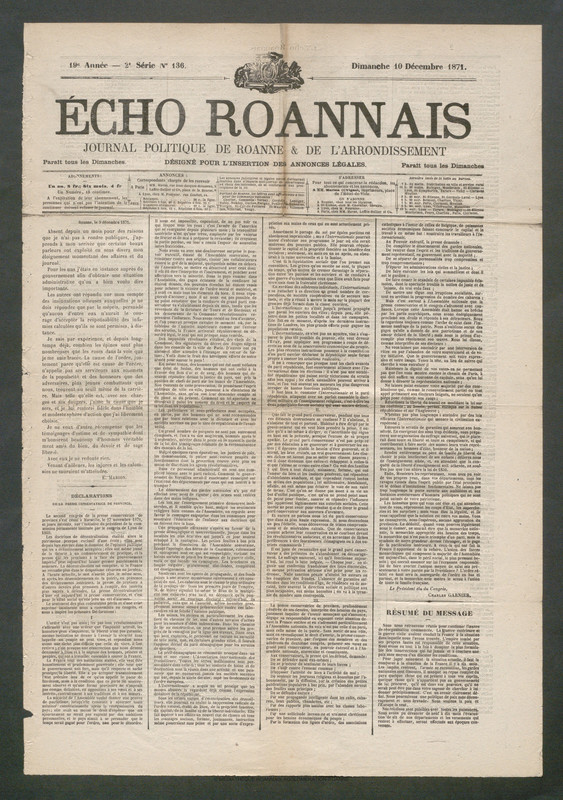 L'Écho Roannais du 10 décembre 1871