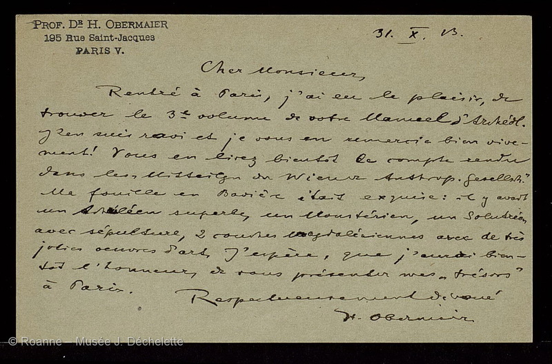 OBERMAIER, H. (Lettre 16 du 31/10/1913)