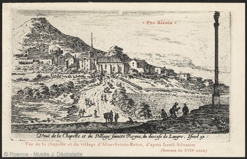 Pro Alesia - Vue de la chapelle et du village d'Alise-Sainte-Reine, d'après Israël Silvestre (Gravure du XVIIe siècle)