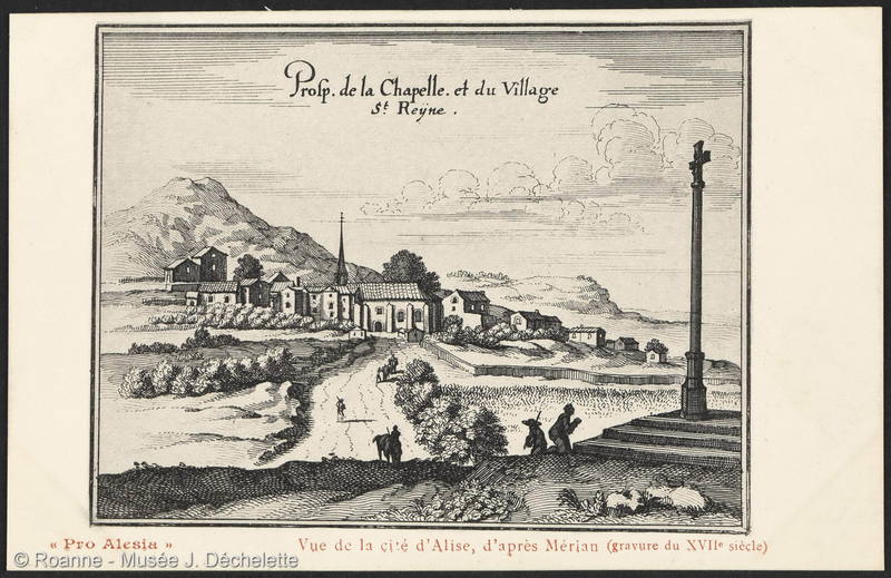 Pro Alesia - Vue de la cité d'Alise, d'après Mérian (gravure du XVIIe siècle)