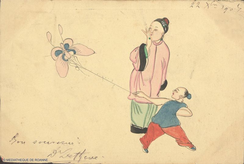Femme chinoise et enfant avec cerf-volant