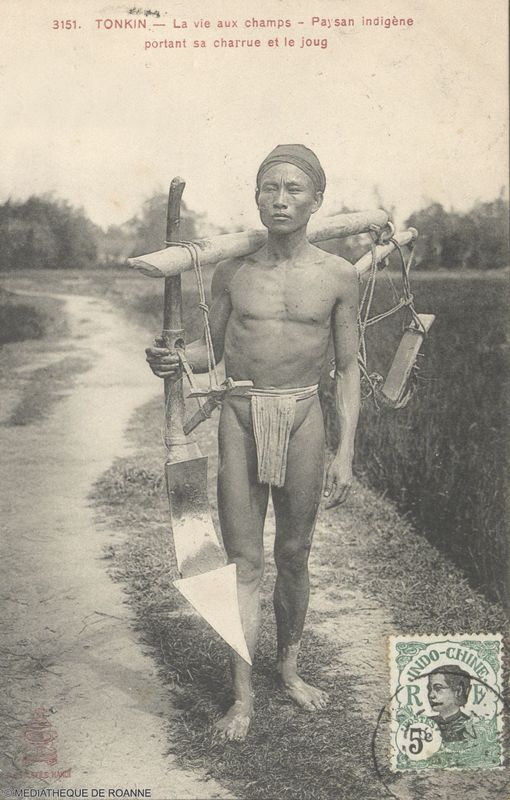 TONKIN - La vie aux champs - Paysan indigène portant sa charrue et le joug.