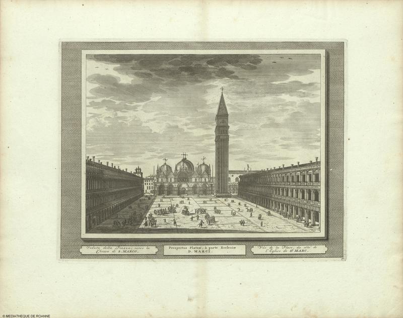 Veduta della Piazza, verso la Chiesa di S. MARCO = Prospectus Plateae, à parte Ecclesiae D. MARCI = Vûe de la Place, du côté de l'Eglise de St MARC