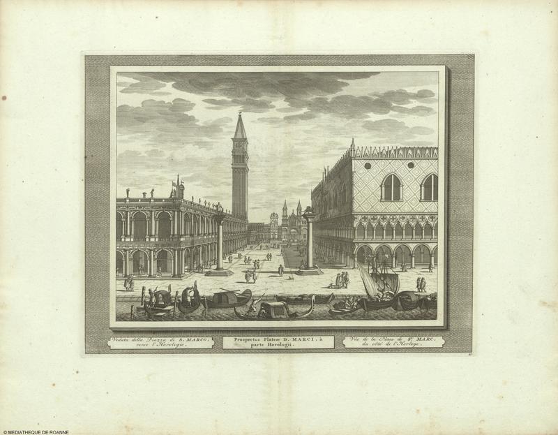 Veduta della Piazza di S. MARCO, verso l'Horologio = Prospectus Plateae D. MARCI, à parte Horologii = Vûe de la place de St MARC, du côté de l'Horloge