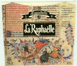 La Raphaëlle : liqueur de plantes, étiquette représentant Saint Michel terassant le dragon 
