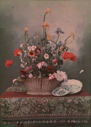 Bouquet dans panier d'osier avec assiettes